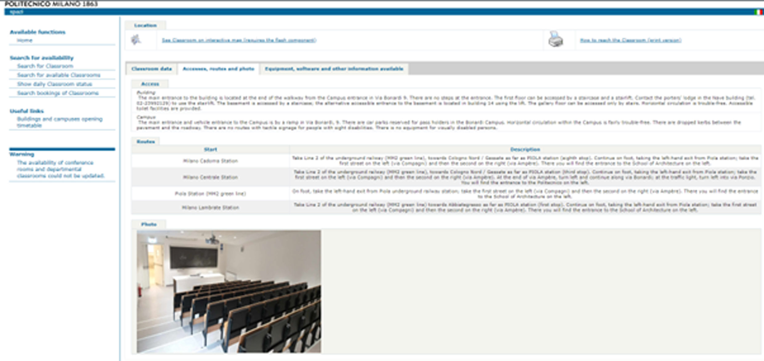 zrzut ekranu z systemu informatycznego zwierającego opracowania architektury kampusów Politechniki w Mediolanie, zakładka z dokładny opisem dostępności jednej z sal