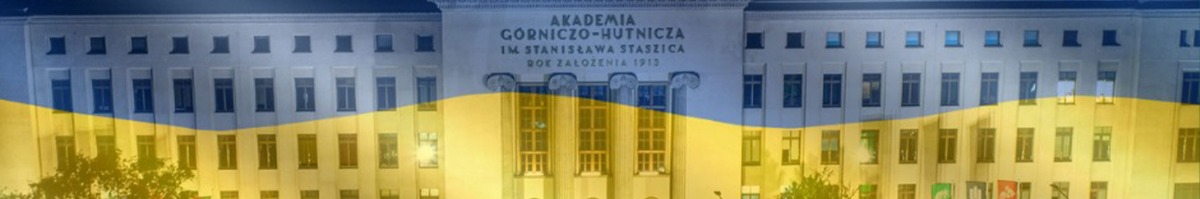 Na zdjęci Ukraińska flaga niebiesko żółta w tle budynek A0 AGH 