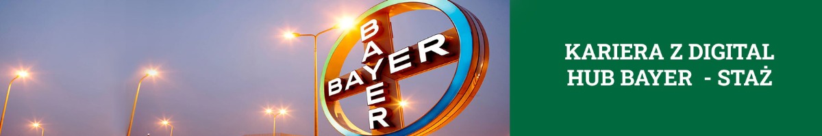 Grafika ozdobna z napisem Kariera z digitlal hub Bayer - staż 