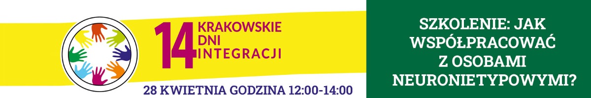 Grafika ozdobna z napisem Krakowskie Dni Integracji szkolenie jak współpracować z osobami neuronietypowymi